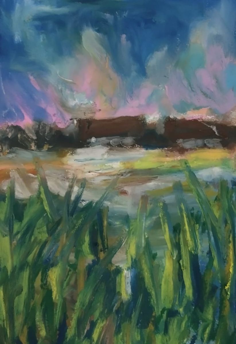 Oil pastels finger painting of a village scene
